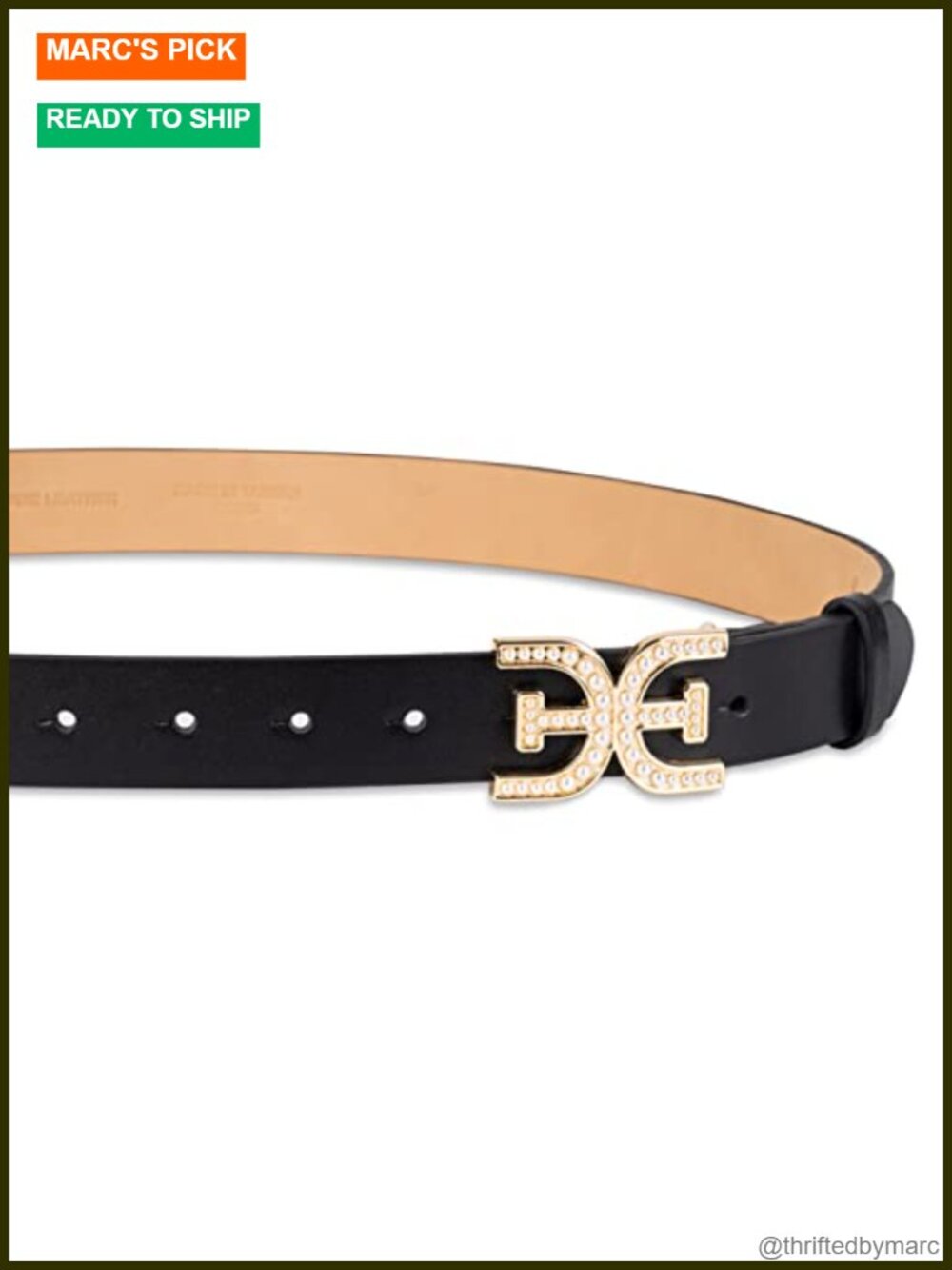 Imitation Pearl Embellished Double-E Logo Buckle Leather Belt - Picture 3 of 5